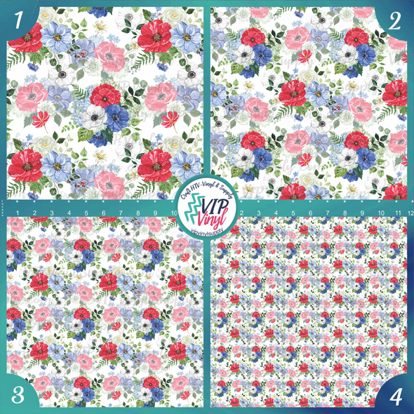 Floral Printed HTV or Vinyl - Red, White & Blue | Outdoor Adhesive Vinyl or Heat Transfer Vinyl |  915G