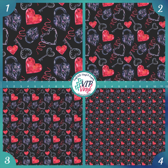 Lock & Key Watercolor Hearts Printed Pattern Vinyl, HTV or Sublimation Sheets | 975A