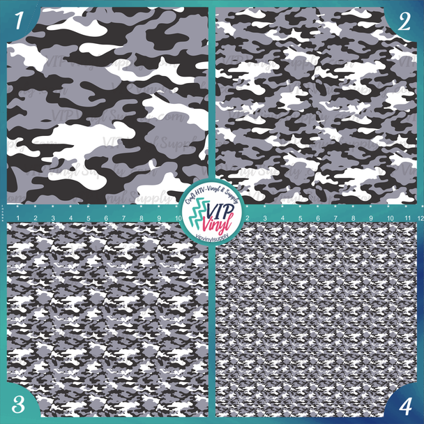 Camouflage Printed HTV Vinyl - Black, White and Gray | Outdoor Adhesive Vinyl or Heat Transfer Vinyl | 164D