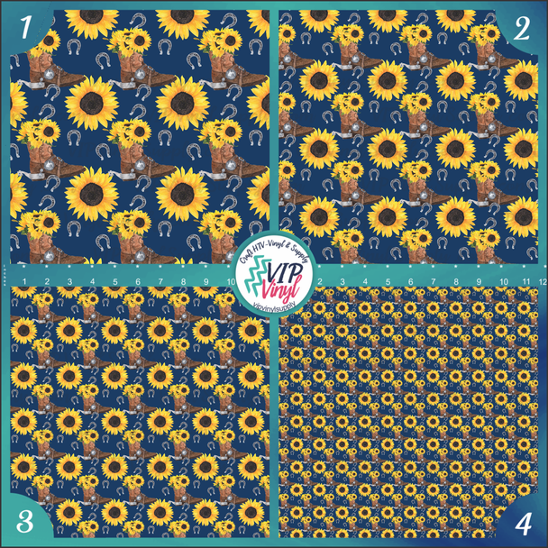 Western Sunflowers Patterned HTV Vinyl - Blue | Outdoor Adhesive Vinyl or Heat Transfer Vinyl | S22D