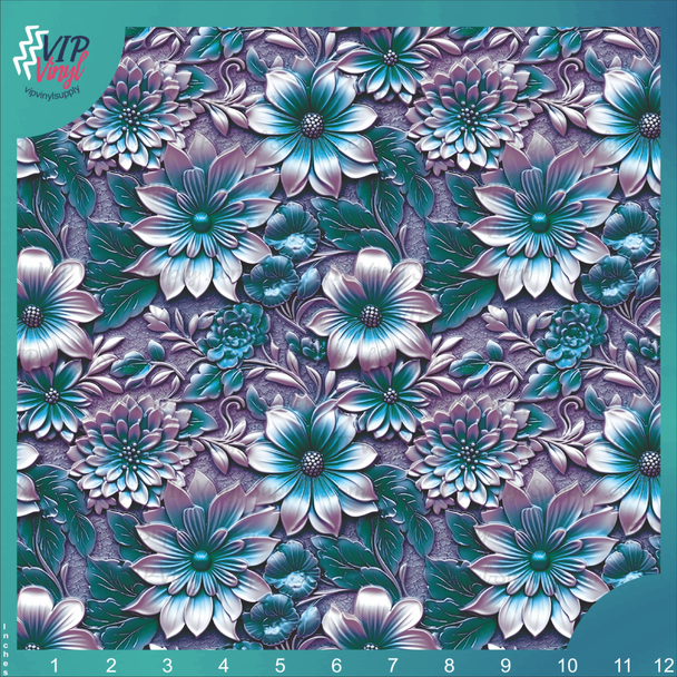 Purple & Teal 3D Floral Printed Vinyl, HTV or Sublimation Sheets |  931A