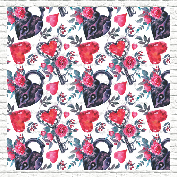 Lock & Key Watercolor Hearts Patterned Printed Vinyl, HTV or Sublimation Sheets |  975D