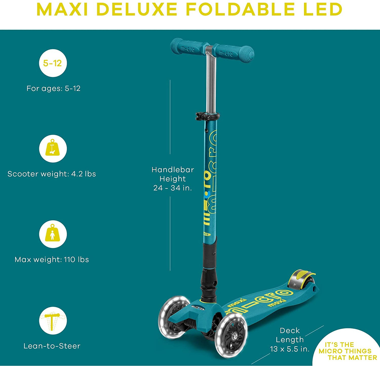 Maxi Micro Deluxe Foldable Kickboard LED Petrol Green
