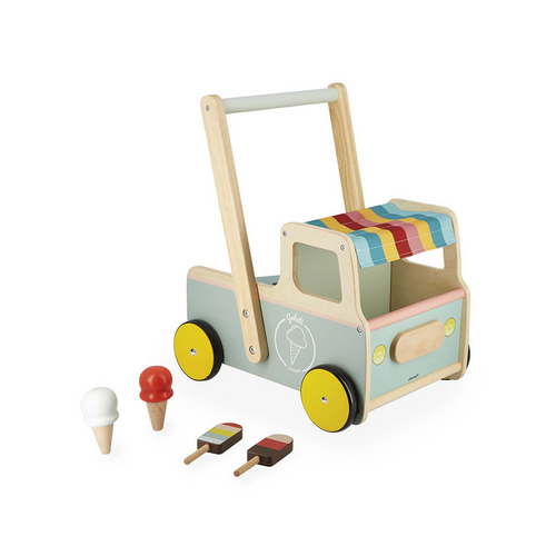 Janod Ice Cream Cart Push Along Trolley  - This wooden walker is as delicious as can be and is suitable for children from 12 months. To our great pleasure they discover walking with this truck-shaped cart in pastel colours and its accessories!