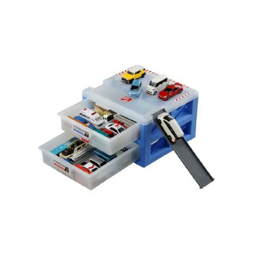 Tomy JP TOMICA Parking Lot Storage Case - Tomica parking case holds 20+ cars, includes drawers, divider, and playset.