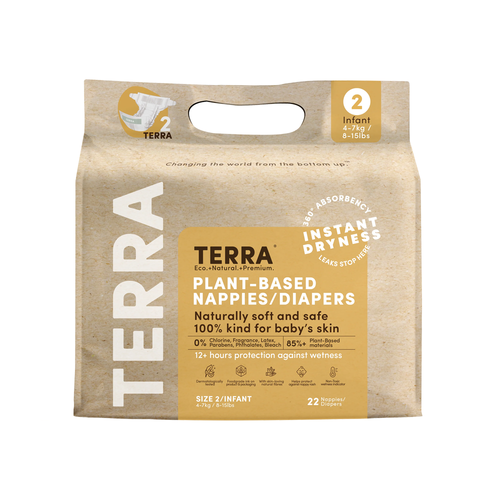 Terra Diapers Size 2 Infant - 22 Pack - Terra 85% Plant-Based Diapers are right there to protect their soft delicate skin from day one