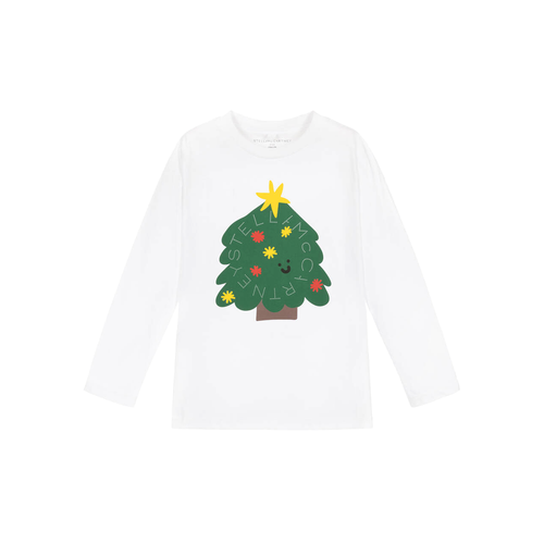 Stella McCartney Kid Ls Tee With Xmas Tree Logo Disk White 24FW - White long-sleeved top for boys and girls by Stella McCartney Kids, made in soft and stretchy organic cotton jersey.