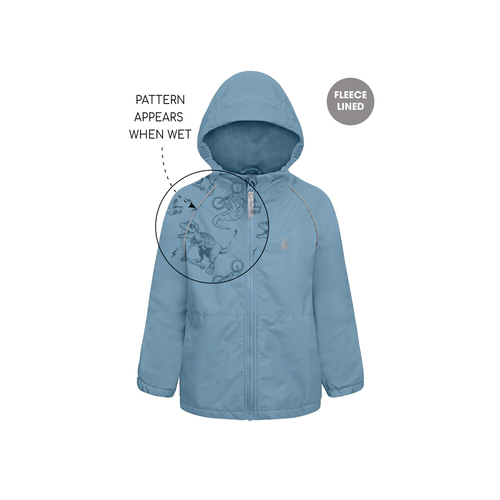 Therm SplashMagic Storm Jacket 24FW Stone Blue  - When the raincoat gets wet, a secret pattern is revealed! See the SplashMagic pattern appear in the rain then disappear again when dry. Fun for toddler and big kids alike!