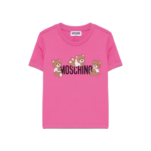 Moschino Ss Tee W Three Bears Logo Print Pink 25SS - in a striking hot pink color features three adorable Teddy Bears, each clutching a letter to spell out the brand's iconic name.