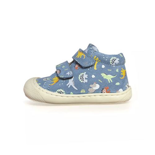 Naturino Cocoon VL Suede PR 25SS - First steps shoes with a structured line, with suede upper decorated with a dinosaur-themed pattern. Made with the iconic Cocoon structure, with a raised heel, padded opening and leather inner lining.