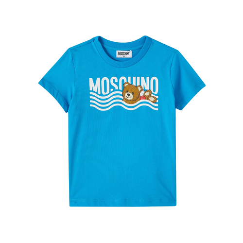 Moschino Ss Tee W Swimming Bear Logo Print 25SS - This Moschino kids' T-shirt features a playful bear logo graphic, bringing a touch of whimsical charm to their everyday wardrobe.