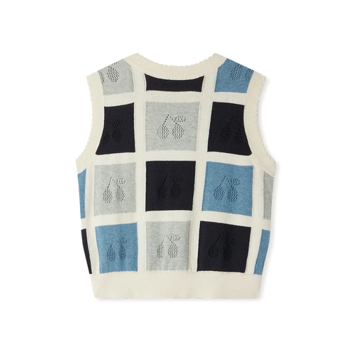 Bonpoint Elda Pullover Bleu Moyen 25SS - The Elda sweater vest for girls is a refreshingly original design with blocks of color enhanced by openwork cherries. The crew neck is adorned with a charming scalloped trim.