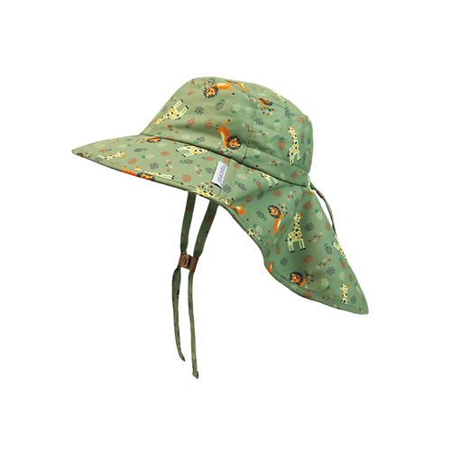 FlapJackKids Sun Hat with Neck Cape | Lion Giraffe  - For outdoor adventures that require an extra level of protection, our patterned beaver sun hat with neck cape is the perfect solution.