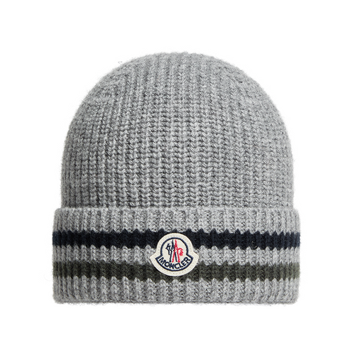 Moncler Hat Grey 25FW L - A cozy companion for cold seasons, this beanie is crafted from wool. The mid-weight knit is embellished with a striped motif.