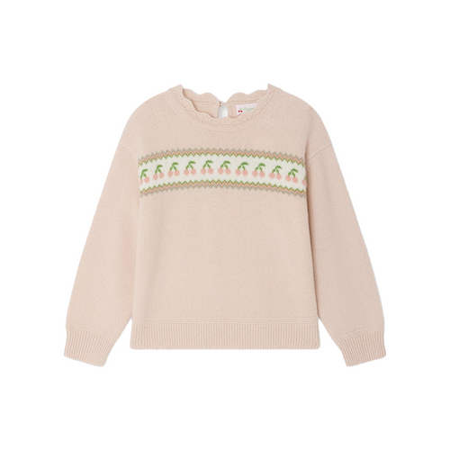 Bonpoint Judith Wool Jacquard Crewneck Sweater 26SS - The Judith sweater for girls has mouthwatering appeal with its central jacquard panel adorned with cherries. It is made of wool for a soft and warm feel.