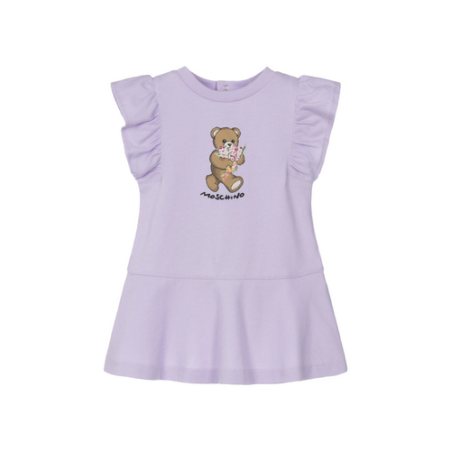 Moschino Dress With Gift Box 26SS Lilac - Adorable lilac purple dress for little girls by Moschino, featuring the brand's signature Teddy Bear on the front, holding a beautiful floral bouquet.