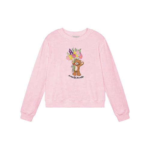 Moschino Sweatshirt Flower Bear 26SS Rose - This pink cotton sweatshirt for girls by Moschino, features the brand's signature Teddy Bear motif holding a beautiful bouquet of flowers.