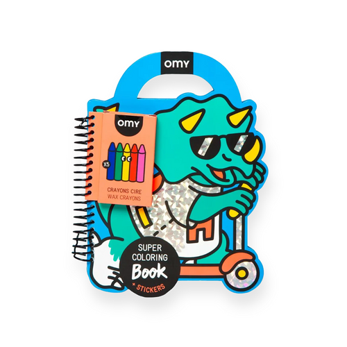 OMY Dino Super Coloring & Sticker Book - Get ready to roar with laughter with this awesome 35-page coloring book, packed with silly dinosaurs, prehistoric scenes to decorate, and adventures to imagine.