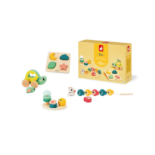 Janod Box 18 Months - A box of toys designed for babies aged 18 months and up: it’s the Janod Box! This baby-suitable box – specifically designed to refine fine motor skills – contains 4 fun early-learning toys.
