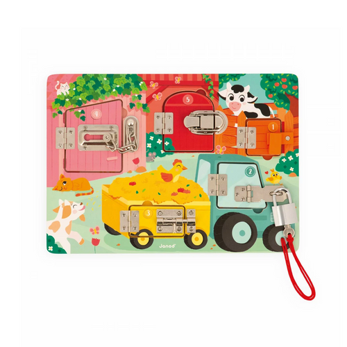Janod Padlocks Board - the Farm -  Locks, latches, keys, etc... kids can’t get enough of them! Therefore, why not gift them their very own padlock board so that they can discover, think and experiment with farm animals!