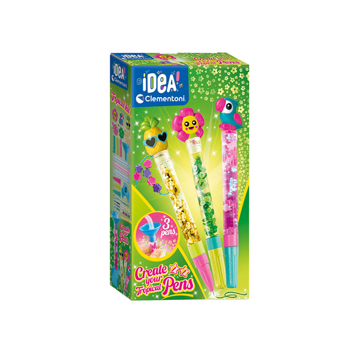 Clementoni Idea: Create Your Pens - Tropical - An original creative kit to create and personalize 3 pens with different tropical-style decorations.