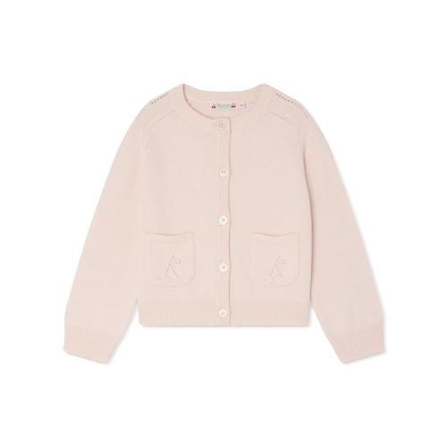 Bonpoint Elisea Cardigan Light Pink 26SS - This Elisea girls' cardigan features distinctive openwork knit cherry motifs on the front pockets and openwork details on the shoulders.