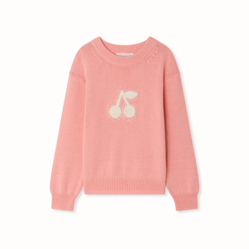 Bonpoint Liesel Pullover Pink 26SS - The Liesel sweater for girls is sure to turn a few heads with its large, contrasting, hand-embroidered cherry on the front.