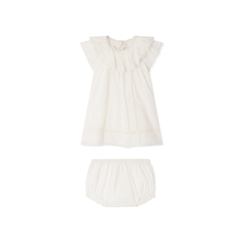 Bonpoint Lenou Dress Off White 26SS - This Lenou dress for babies is the ultimate in simplicity and elegance, thanks to its delicate Calais lace panels and a large ruffle on the rounded neckline.