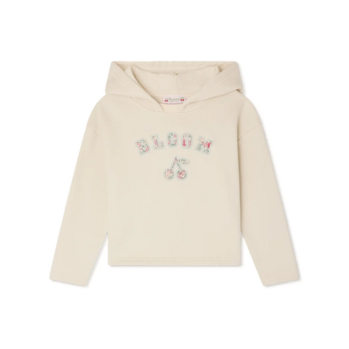 Bonpoint Carmine Sweatshirt Chalk 26SS - The Carmine sweatshirt for girls features a printed message and cherry appliqué in Liberty fabric on the front.
