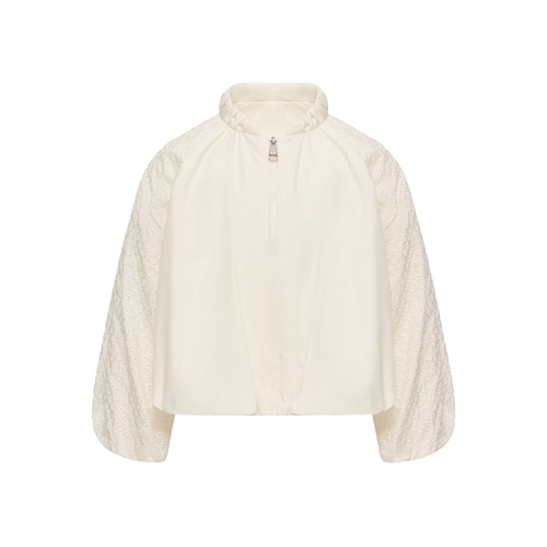 Moncler Hyame Jacket 26SS Natural - Designed for light layering, the Hyame jacket combines a smooth, matte fabric body with airy micro San Gallo lace sleeves.