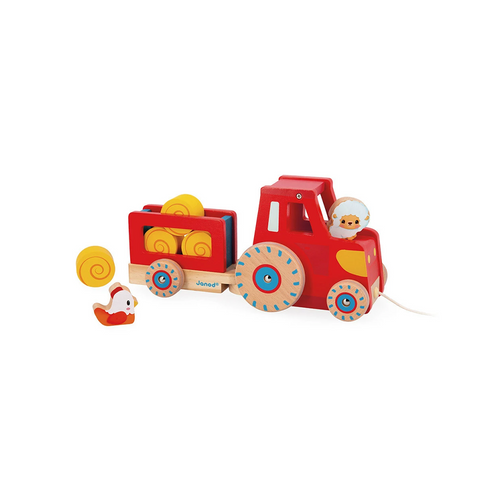 Janod  Farm: Pull Along Tractor - Ready to set off? This tractor-shaped pull-along toy will delight even the youngest farmers aged 12 months and up.