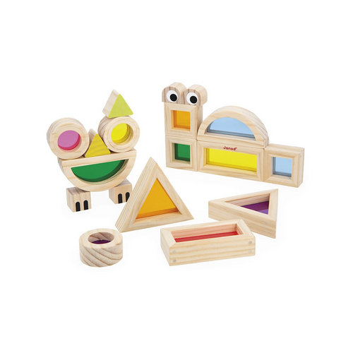 Janod  Sensory: Translucent Blocks - Translucent blocks for a colorful view of life! With this set of 18 sensory blocks, children from 12 months develop their fine motor skills and imagination.