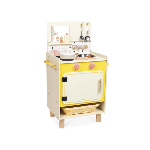 Janod  Mamie Soleil: Cooker - On the menu today: grilled seasonal vegetables and homemade cake! With their wooden kitchen, children from the age of 3 can imagine crazy recipes at the stove and imitate the grown-ups.