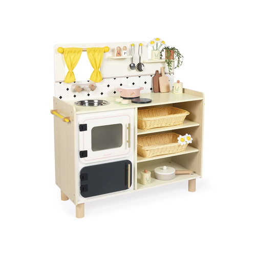 Janod  Mamie Soleil: Big Equipped Kitchen - Guests are arriving, so get cooking! With their large wooden kitchen, children can imagine delicious recipes at the stove and imitate the grown-ups, from age 3 upwards.