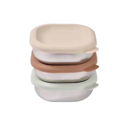 Beaba Microwave Safe Stainless Steel Bowls Set 3 - This set of 3 stainless steel containers with silicone lids supports baby from the very first spoonful and evolves with each stage.