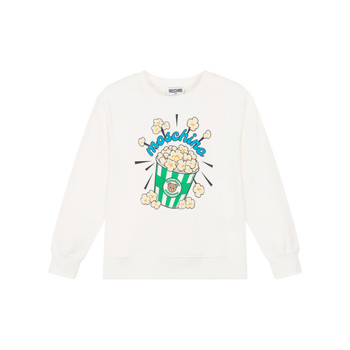 Moschino Popcorn Printed Sweatshirt Cloud 26FW - With its playful popcorn graphic starring the brand’s adorable Moschino Teddy Bear, this ivory cotton sweatshirt is fun for everyday adventures or movie nights in.