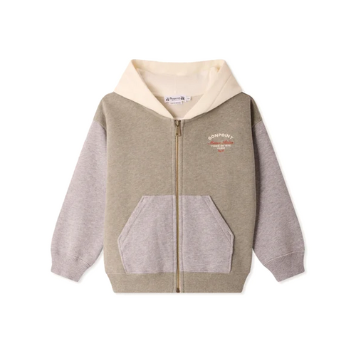 Bonpoint Elroy Sweatshirt Kaki 26FW - This Elroy zipped and hooded sweatshirt for boys features a very modern color block motif.