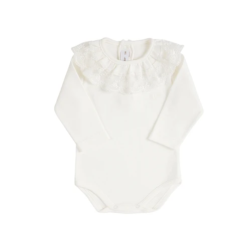 Condor Heart Embroidery Body Cream 202 - Bodysuit with embroidered heart on the chest and bobbin lace collar.