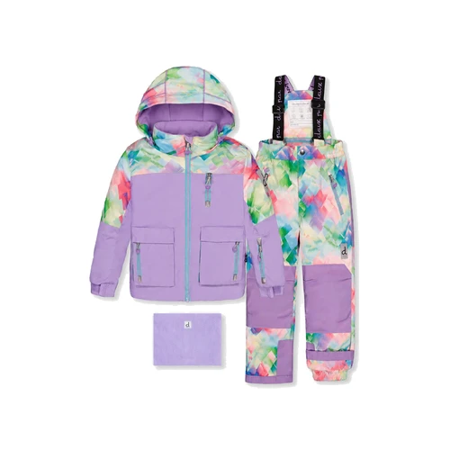 Deux Par Deux Two Piece Snowsuit Violet 26FW - Technical, durable and adventure-ready, this two piece PLAY snowsuit in green and navy colorblock with blue camouflage pants keeps young explorers protected during intense winter activities with professional-grade features and bold design.