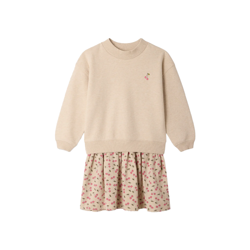 Bonpoint Mareva Dress Beige 26FW - The Mareva dress for girls is an iconic design with its flowing cherry-printed skirt.