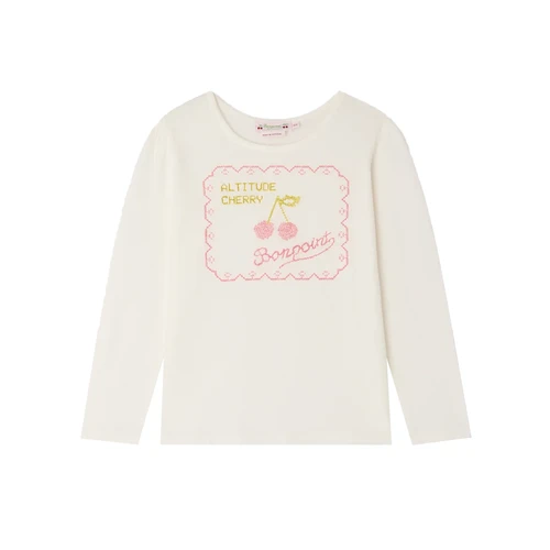 Bonpoint Gracieuse T-Shirt Off White 26FW  - This Gracieuse T-shirt for girls has a romantic look, thanks to its colorful Altitude Cherry embroidery on the front.