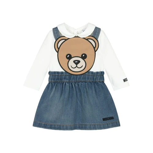 Moschino T-Shirt+skirt Set Co Cloud 26FW - The denim pinafore dress has an instantly recognisable Moschino Teddy Bear as the front bib, with a black embroidered logo on the hem.