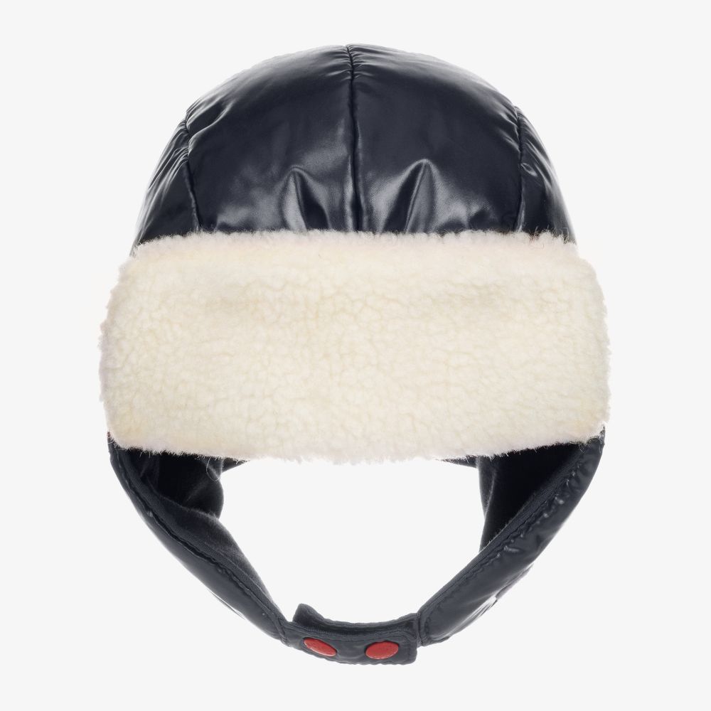 Nylon aviator hat with faux fur lining & trims, black. Colour