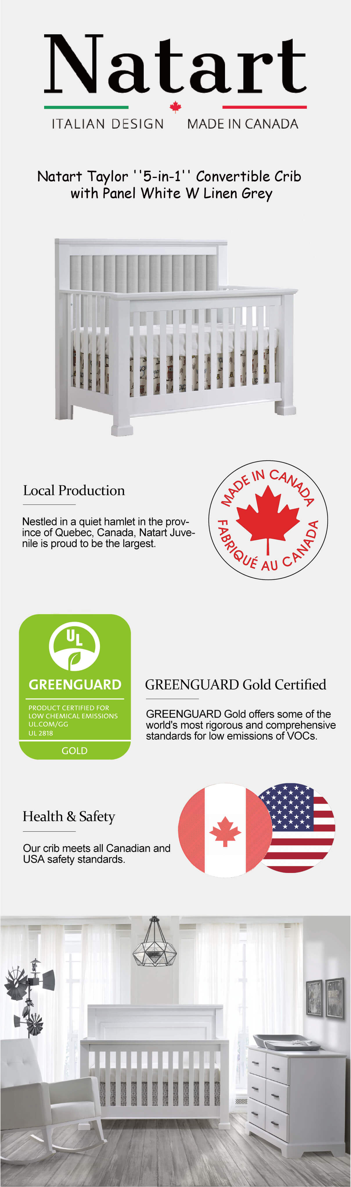 Natart Taylor ''5in1'' Convertible Crib with Panel