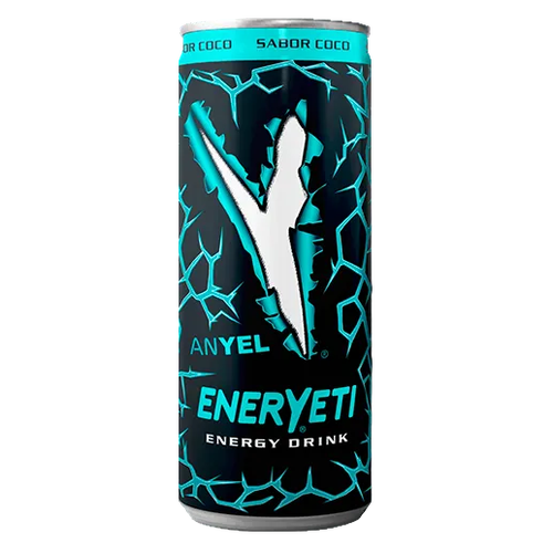A single can of Anyel Energy Yeti energy drink on a plain white background. The can features a black body with a prominent white Y logo, teal crackle patterns, and white and teal text.