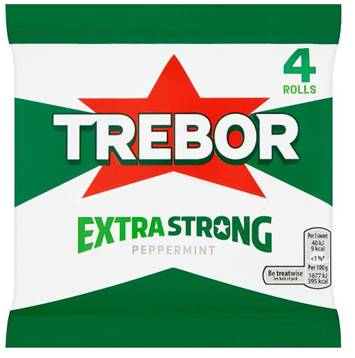 Trebor Extra Strong Peppermint Mints 4 rolls multipack, strong mint sweets, British peppermint candy, refreshing breath mints, UK confectionery mint sweets collection