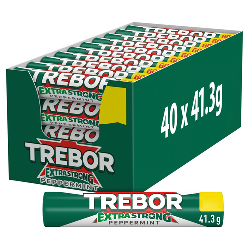 Trebor Extra Strong Peppermint Roll 41 g strong mint sweets, British peppermint candy, refreshing breath mints, classic UK confectionery, mint sweets collection