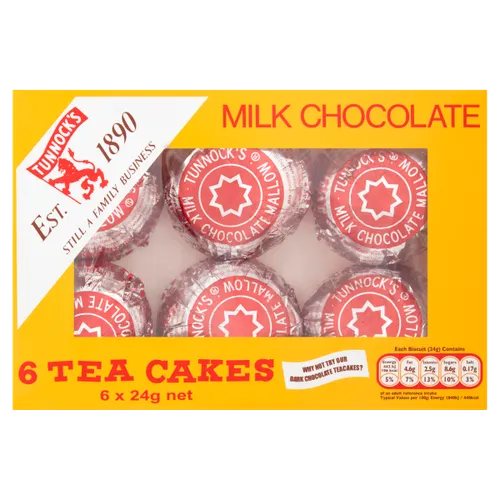 Tunnocks Milk Chocolate Tea Cakes 6 x 24g marshmallow chocolate snack cakes