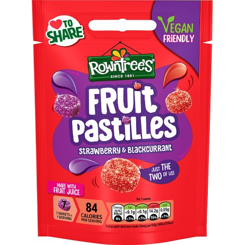 rowntrees fruit pastilles strawberry blackcurrant 143g vegan chewy sweets british fruit candy sugar coated sweets