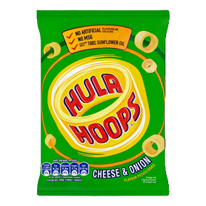 Hula Hoops Cheese and Onion 24g crunchy ring shaped potato snack British cheese flavoured crisps